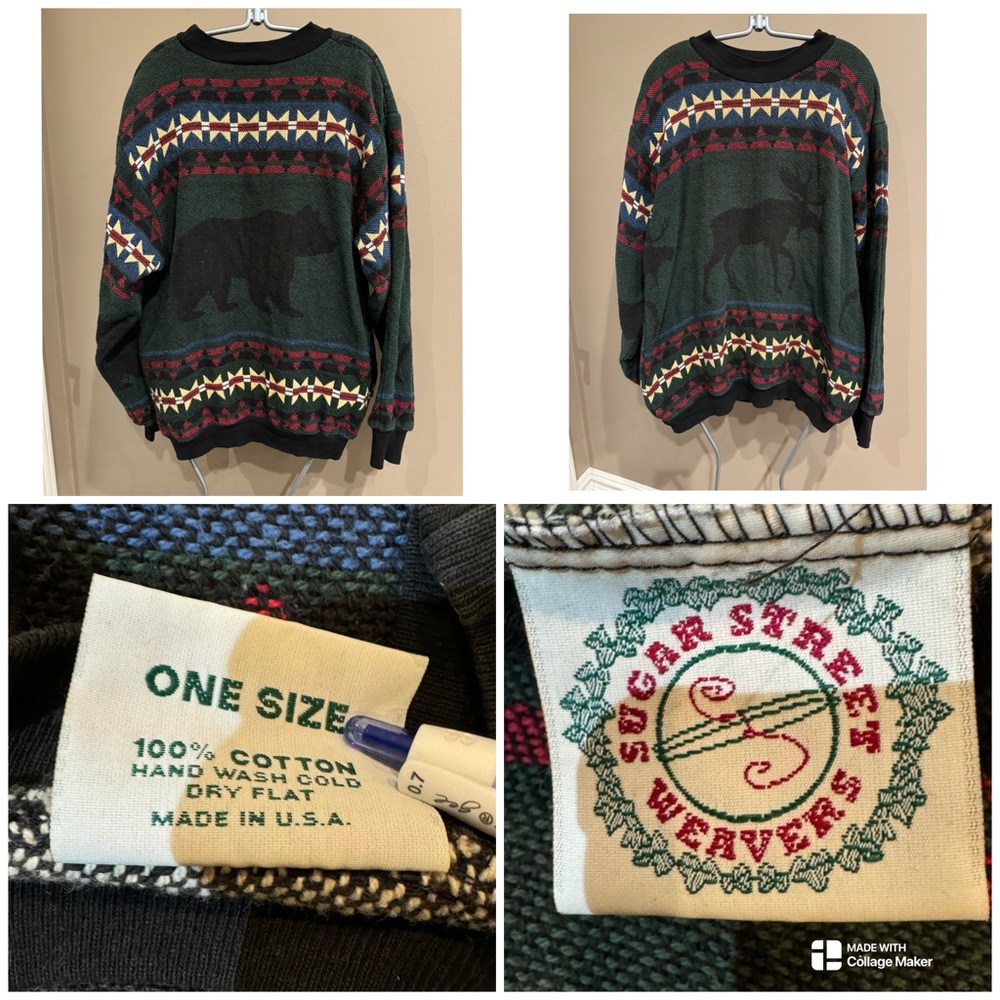 Vtg 90s Sugar Street Weavers Winter Bear Moose Knit Sweater One Size